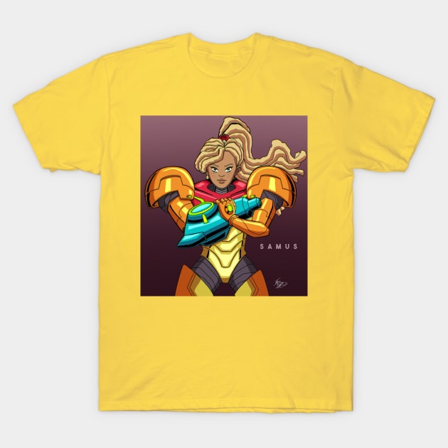 Melanated Samus T-Shirt by theartofjoeoseibonsu